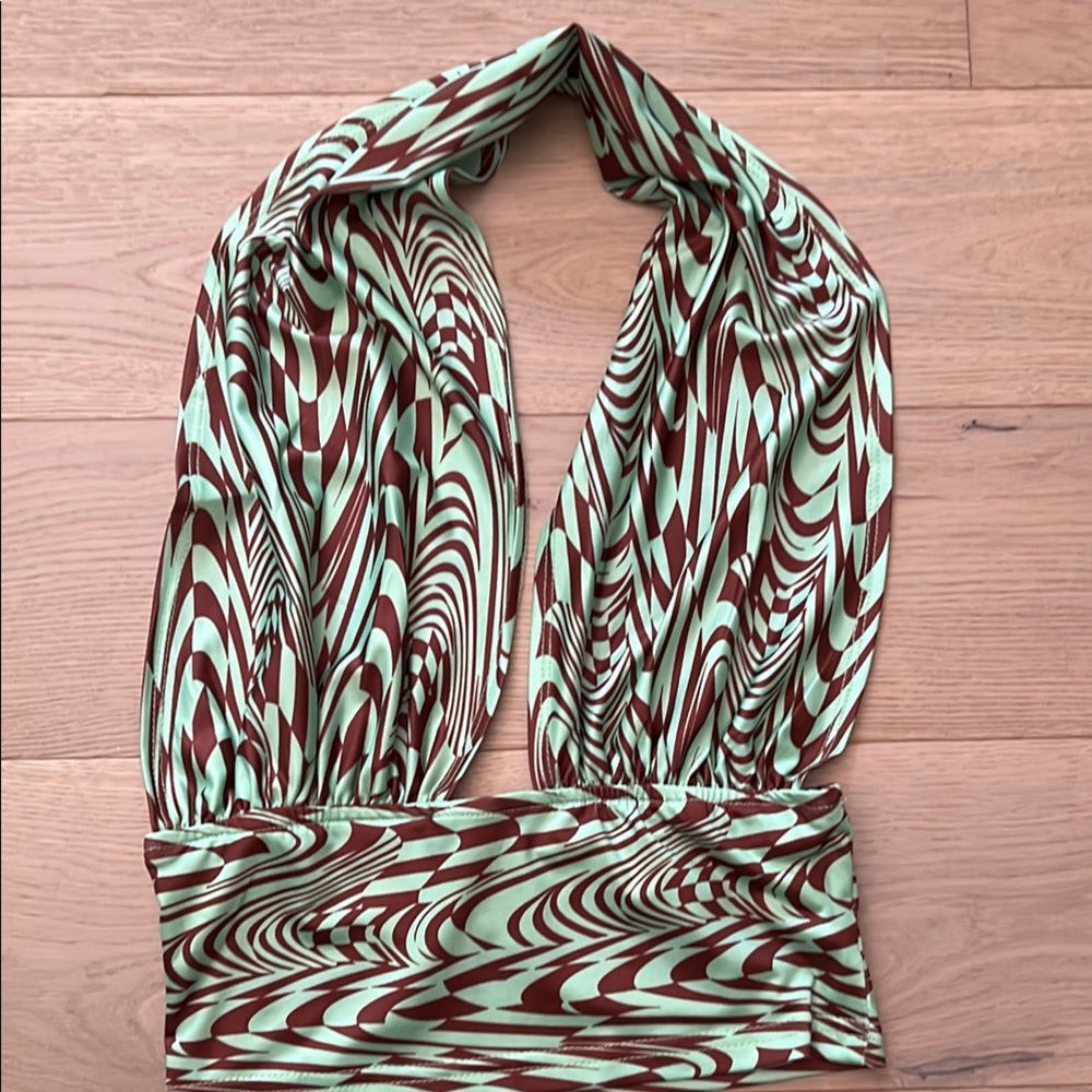 Mod Green and Brown Patterned Halter Top